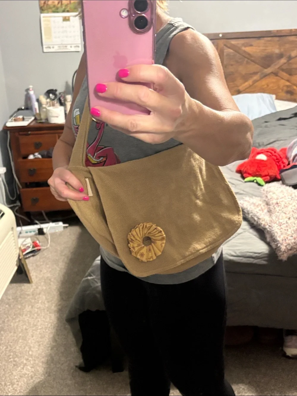 Canvas Crossbody Messenger Bag with Decorative Yellow Rosette